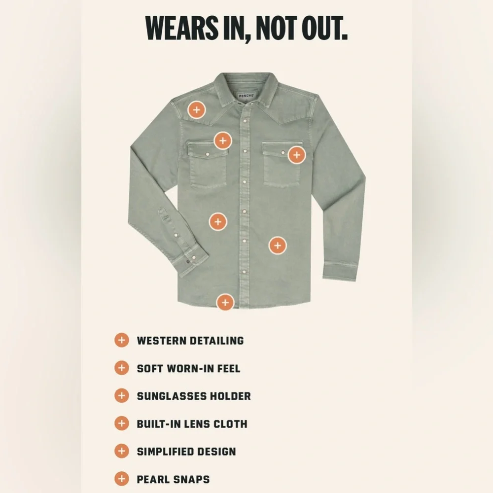 Poncho Cotulla Performance Denim Western Pearl Snap Shirt BrownWorkwear Outdoors - Picture 8 of 13